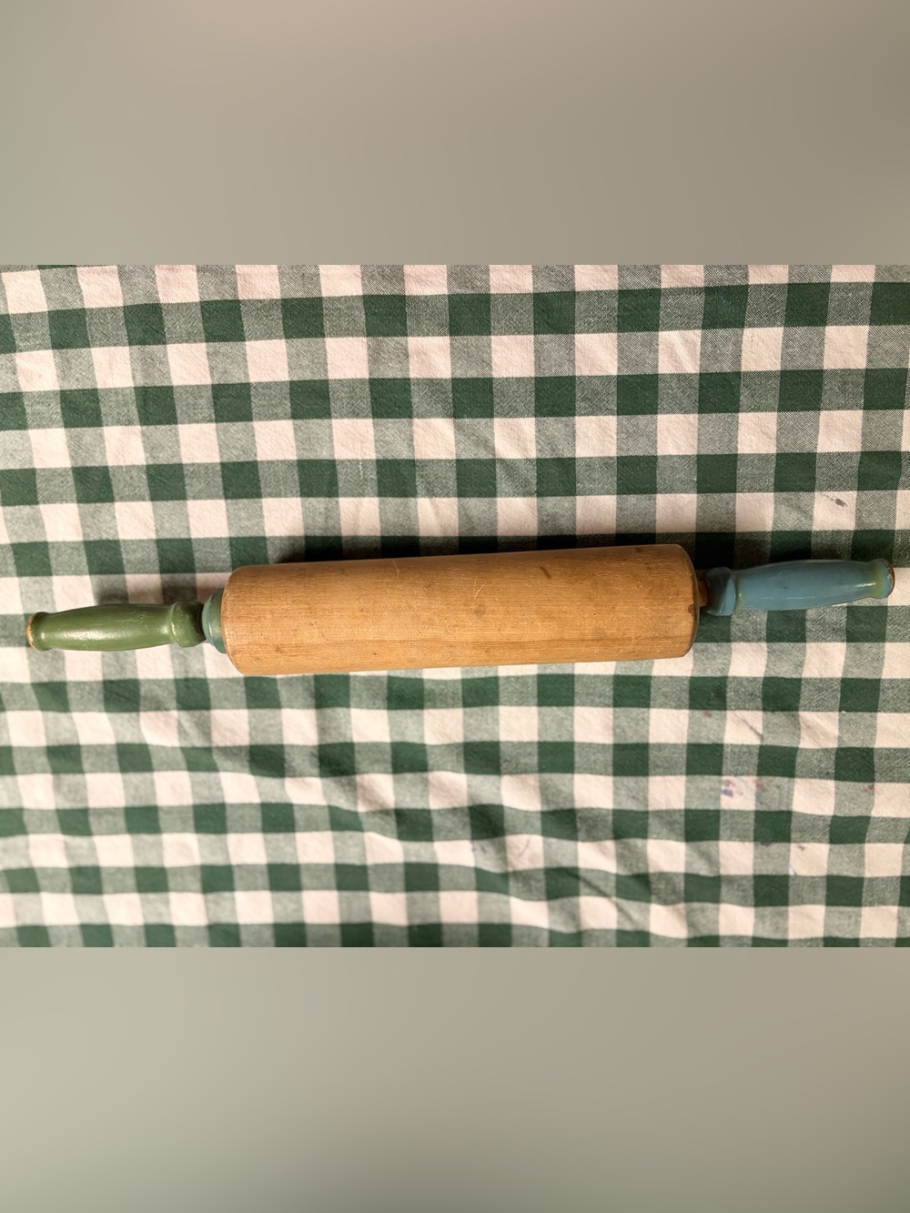 Vintage Wooden Rolling Pin with Green and Teal Handles
